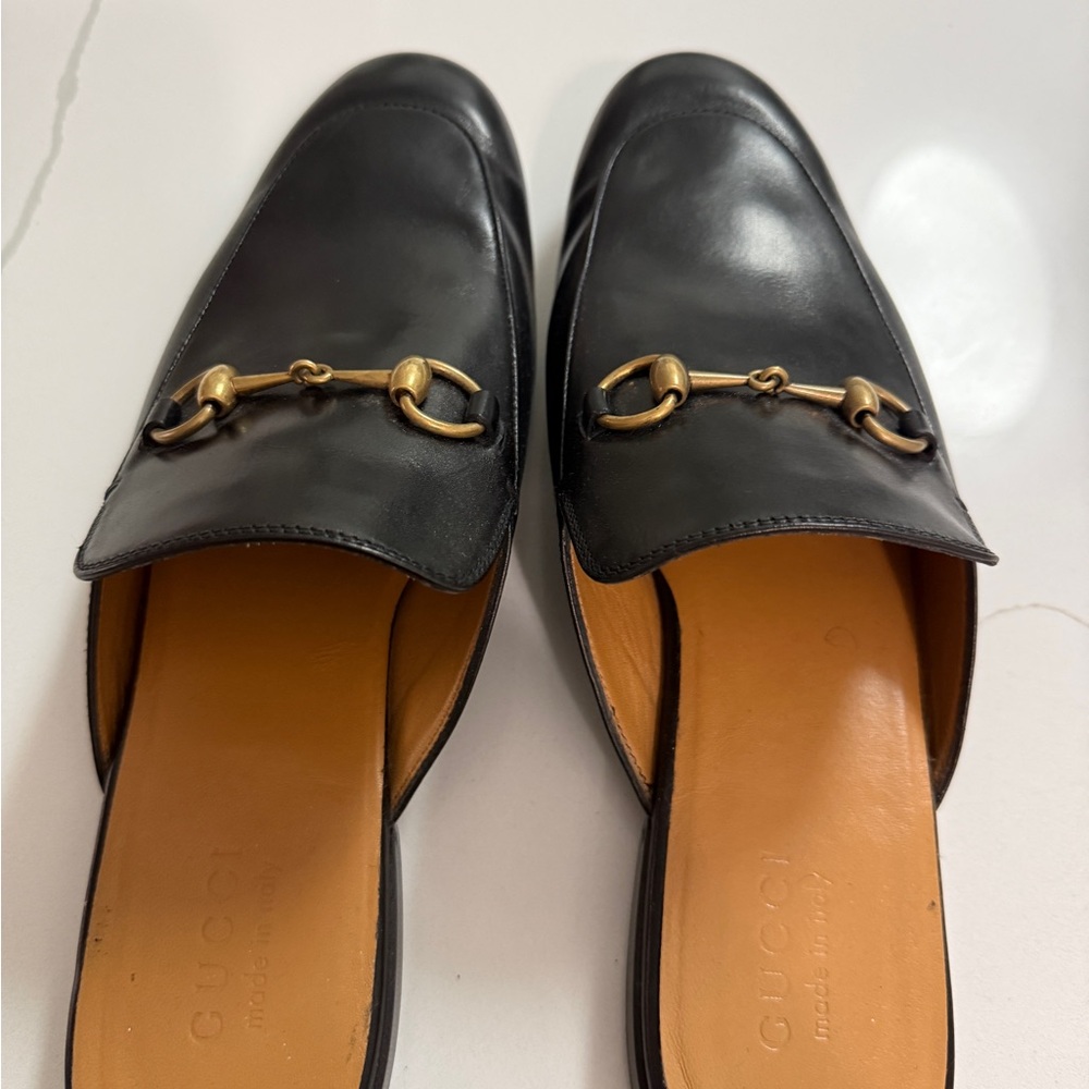 Gucci Black Leather Loafers with Gold Accents